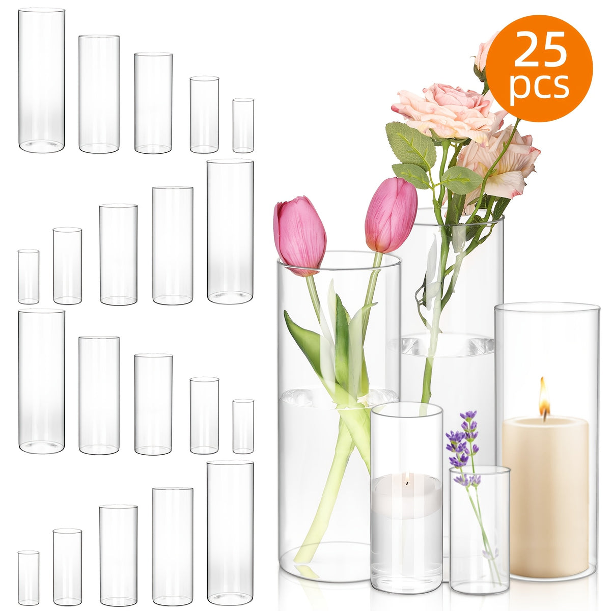 TOMNK 15/20/25/30pcs Glass Cylinder Vases, 5 Sizes Transparent Vase, Hurricane Vases, Glass Flower Vases for Wedding Decorations, Home Decor, Party, Home, Office Decoration, Decoration Vase for Teacher Appreciation, Mother's Day And Graduation Gifts