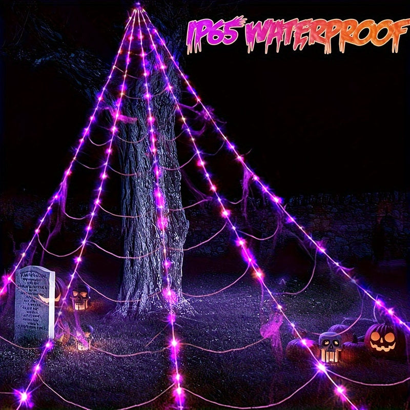 16ft Giant Spider Web LED Lights - 250 Purple 8 Lighting Modes, Outdoor Halloween Decorations, No Power Required, Easy To Hang, Suitable For Scary Holiday Displays, Halloween Decorations