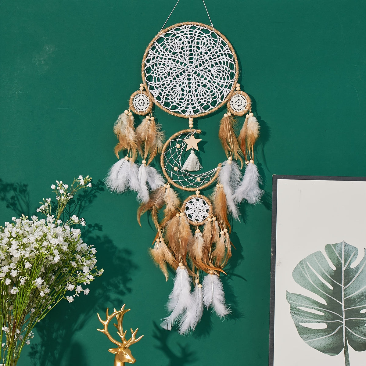 5pcs Large Size Dream Catcher, Handmade Moon Dream Chaser, Beautiful Dream Chaser Wall Decoration Dream Chaser Boho Wall Decoration Moon And Sun Sweet Dream Bed Decoration (camel Color, Not Included, Lamp, Stick), Best for Christmas, Perfect for Thanksgiv