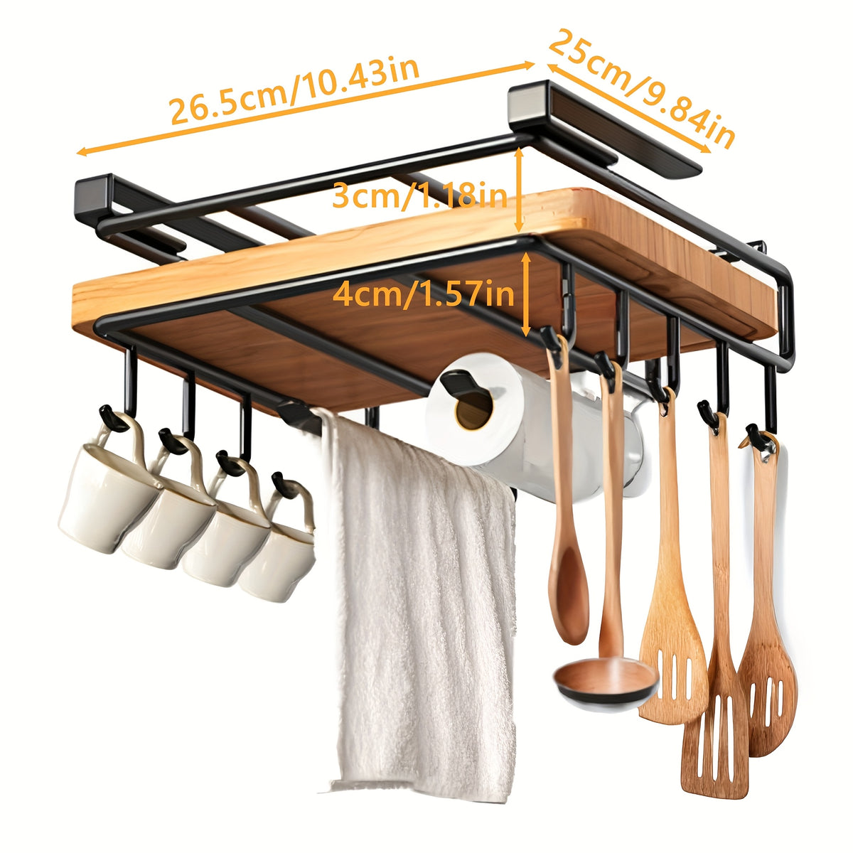 1pc Cabinet Organizer Holder, Cabinet Holder Rack, Bathroom Towel Holder Under Cabinet, Hanging Shelf Under Cabinet with Multiple Hooks for Cups, Kitchen Utensils, And Cutting Boards(Black)