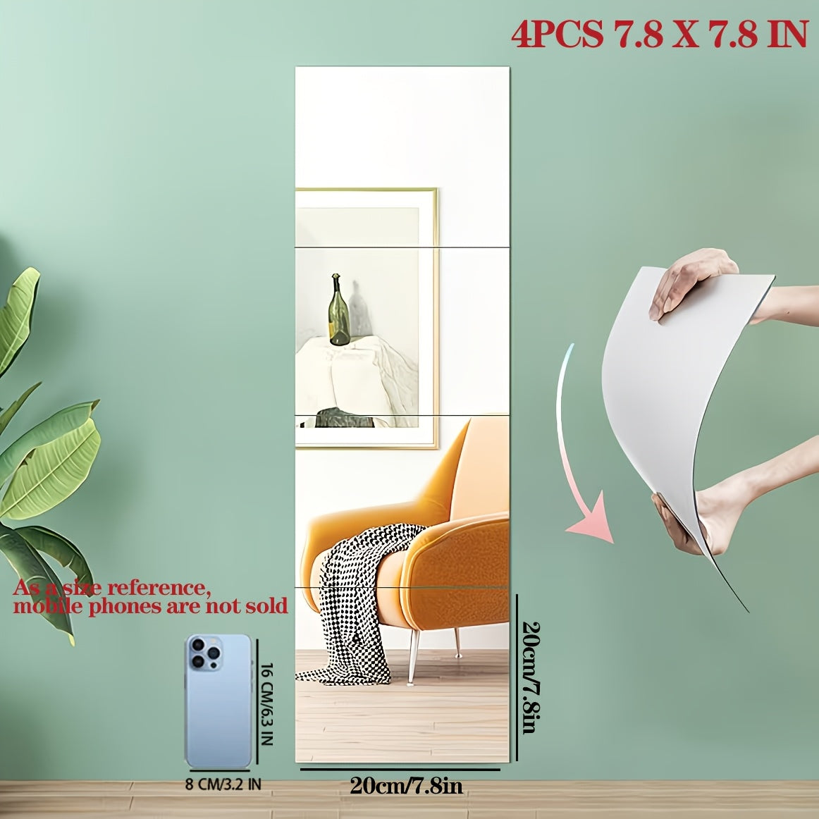 [Flexible Stick-On Mirrors] 4/8pcs Self-Adhesive Mirror HD Acrylic Mirror, Flexible Stick-On Mirror Sheets, Frameless Wall Mirror, Plastic Mirror Wall Stickers, Home Decoration Is Not Fragile, Mirrors