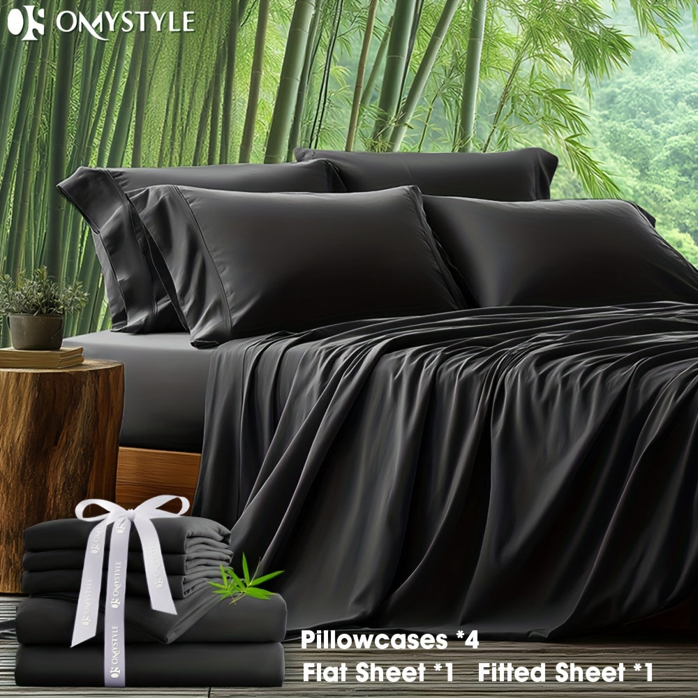 6pcs Bamboo Blend Bed Sheet Set-Flat Sheet, Fitted Sheet And 4 Pillowcases, Luxury Breathable Sheet Set, Ultra Soft Sheet for Hot Sleepers, Deep Pocket, King/Queen/Full/Twin