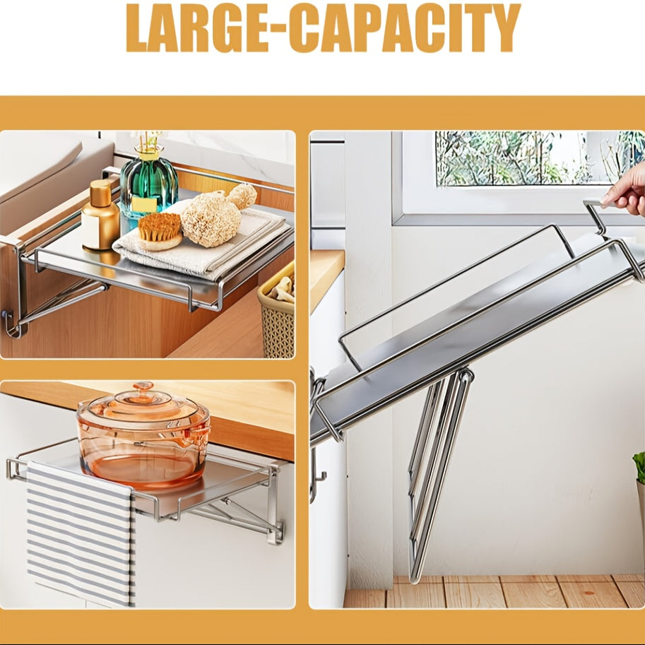 Foldable Stainless Steel Countertop Storage Rack, Silvery, Black, Kitchen Storage Rack, Cabinet Door Hanging Table Board, Bathroom Shelf, Multi-functional Hanging Cabinet Door Organizing Rack, Space-saving