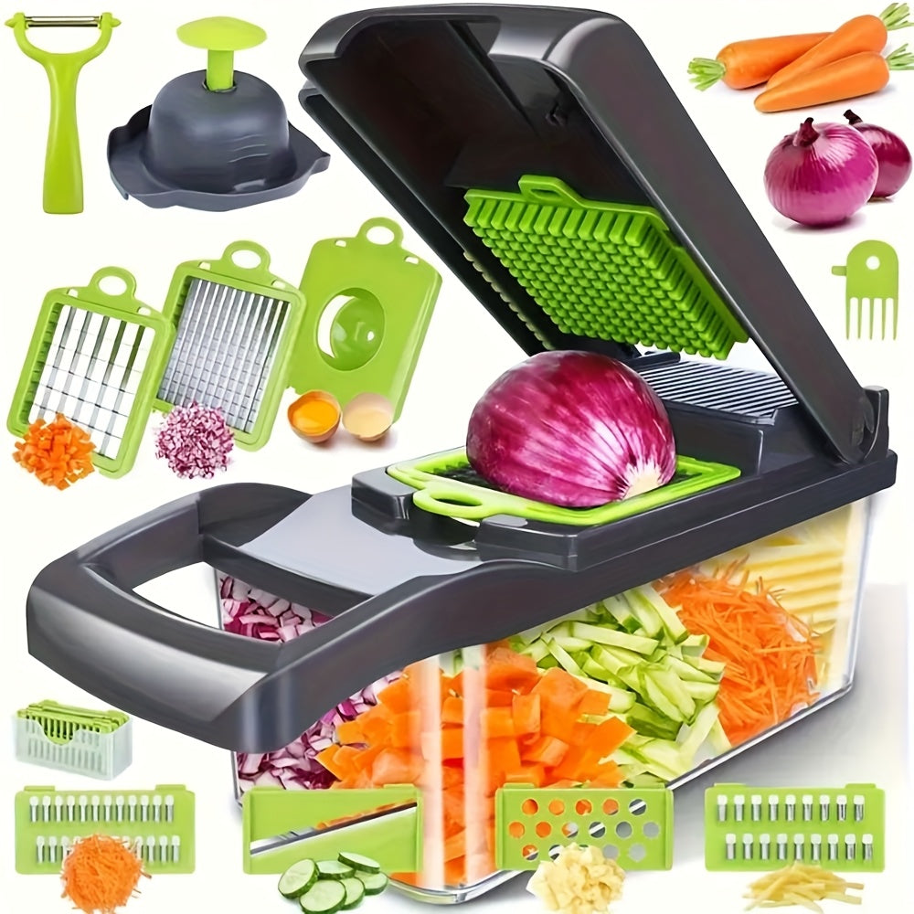 16-in-1 Manual Vegetable Chopper Set | With 8 Stainless Steel Blades, 304 Container, Peeler, and Filter | Easy Meal Preparation, Professional Onion, Carrot, and Garlic Slicer | Kitchen Supplies