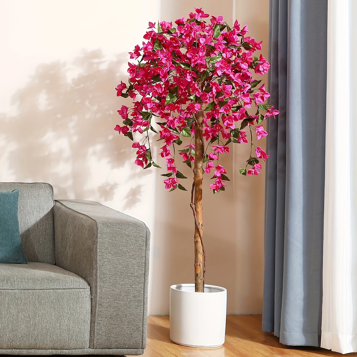 Artificial Bougainvillea Flowers Tree, Faux Potted Plants with Wood Trunk And Pink Flowers for Housewarming Decor Gift
