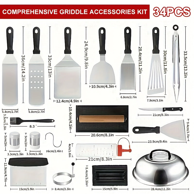 34/17pcs Of Barbecue Set, Barbecue Accessories, Teppanyaki, Meat Press Plate, Meat Thermometer, Kitchen Tools, Suitable for Outdoor Barbecue, Parties, Father's Day Gifts