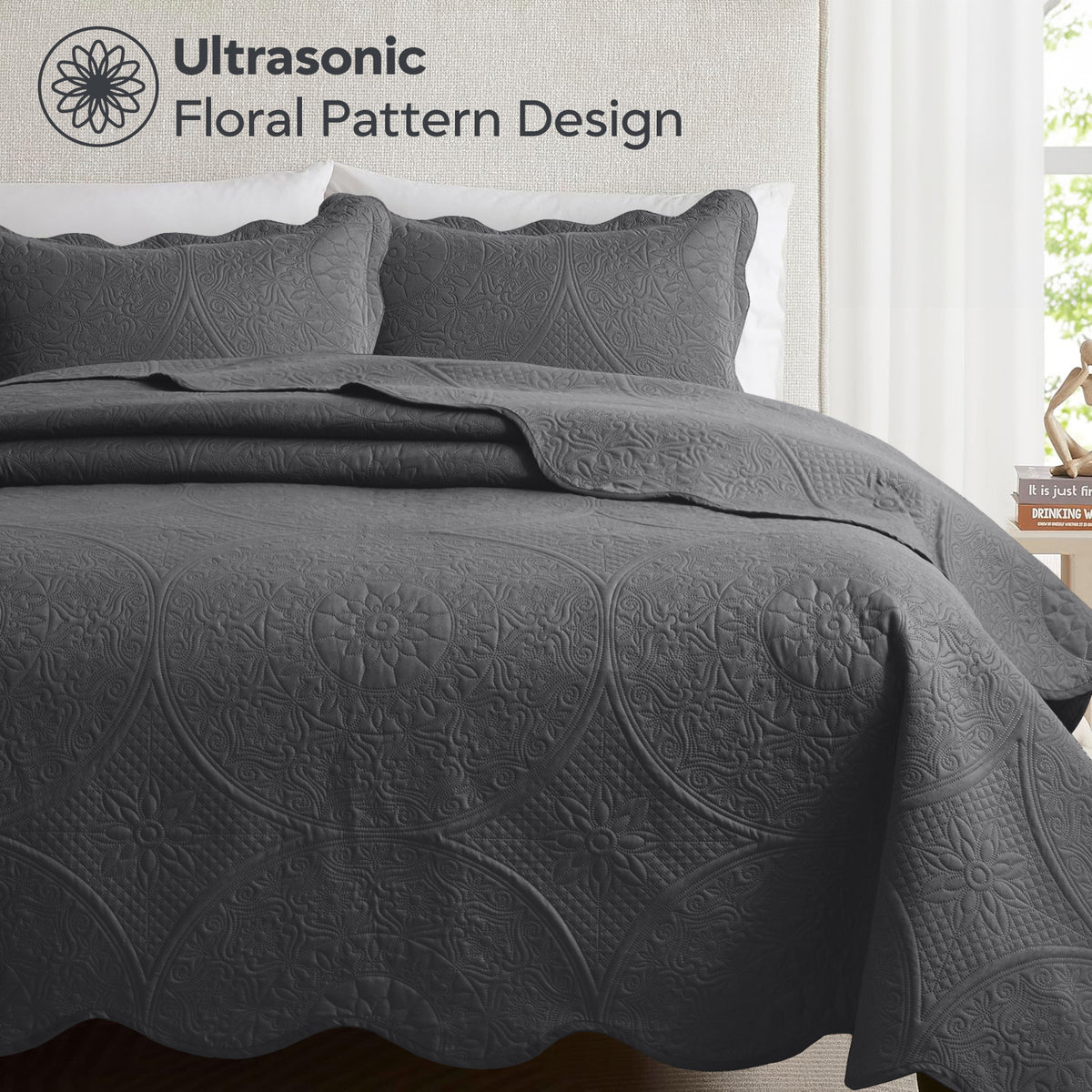 3pcs Luxury Quilted Bedspread Set – Oversize Quilt Coverlet Soft & Cozy Floral Bedspread with Pillow Shams, Breathable Lightweight for Bedroom & Guest Room Decor