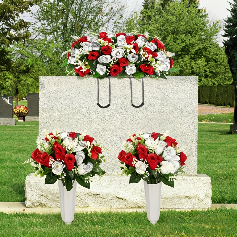1/3pcs Artificial Cemetery Flowers for Graves with Saddles, Artificial Silkyy Rose Flowers And Bouquets with Vases, Headstone Flower Saddle, Memorial Day Flowers for Cemetery, Outdoor Grave Headstone Decoration