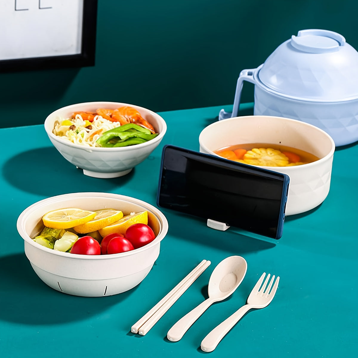6pcs/Set Microwave Ramen Bowl Set, Ramen Noodle Cooker With Lid & Handle, Perfect For Home, Office, Dorm, Or College Tableware