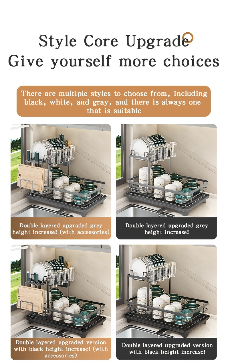 Double Tier Metal And Carbon Steel Cutlery Rack, Large And Durable, with Knife Fork And Cup Holders And Draining Board, Rustproof Two Tier, Space Saving for Kitchen Countertop, Make The Kitchen More Concise And Organized