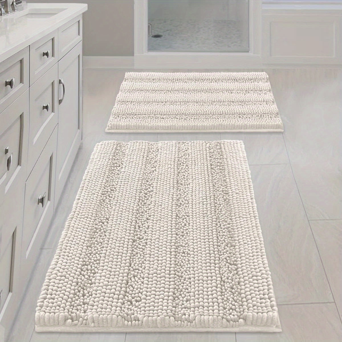 AIERJIA Bathroom Rugs, Set of 2 Thick Chenille Striped Shaggy Bath Mats for The Bathroom, Non-Slip Mats for Bathroom Flooring (32 X 20 And 24 X 17 Inches)