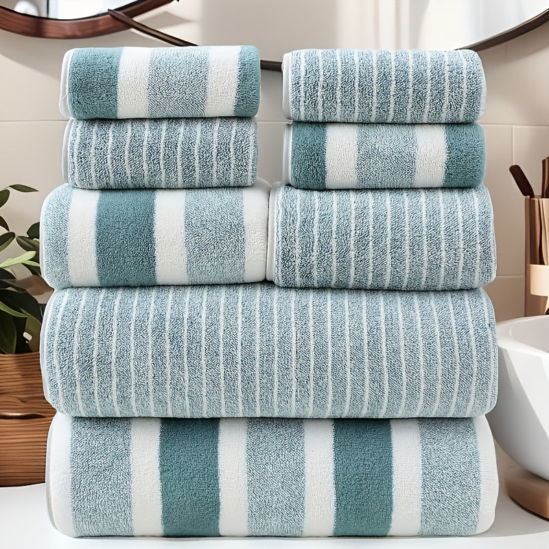 8pcs Lint-Free Super Absorbent Soft Five-Star Hotel Standard Two-Color Striped Spaced Bath Towel Set, Including 2 Large Bath Towels, 2 Medium Bath Towels And 4 Small Bath Towels, Wash Cloths