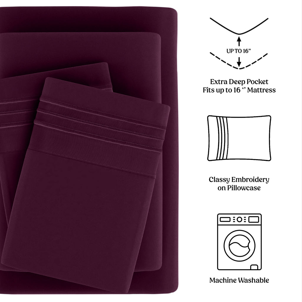 Lux Decor 4 Pieces Solid Bedsheets - 1800 Series Stylish Comfy Bedding Sheet Set - Hotel Luxury Skin Friendly Cooling Sheets & Embroidered Pillowcases Without Filler - Classic Collection With 16 Inches Deep Pocket Room decor - Shrinkage & Fade Resistant