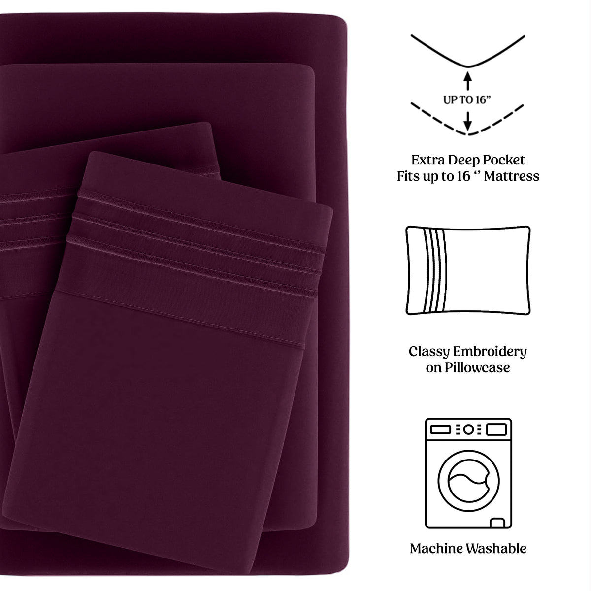 Lux Decor 4 Pieces Solid Bedsheets - 1800 Series Stylish Comfy Bedding Sheet Set - Hotel Luxury Skin Friendly Cooling Sheets & Embroidered Pillowcases Without Filler - Classic Collection With 16 Inches Deep Pocket Room decor - Shrinkage & Fade Resistant