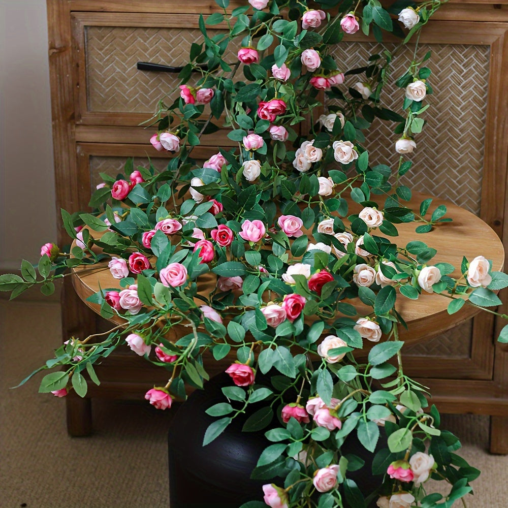 1 Double Pink Rose Vine - Artificial Garland with Richly Layered Petals, Soft Color Transitions, and a Design That Closely Mimics the Form of Real Roses. Paired with Lush Foliage, It Creates a Vibrant, Natural Vitality. Perfectly Blends into French