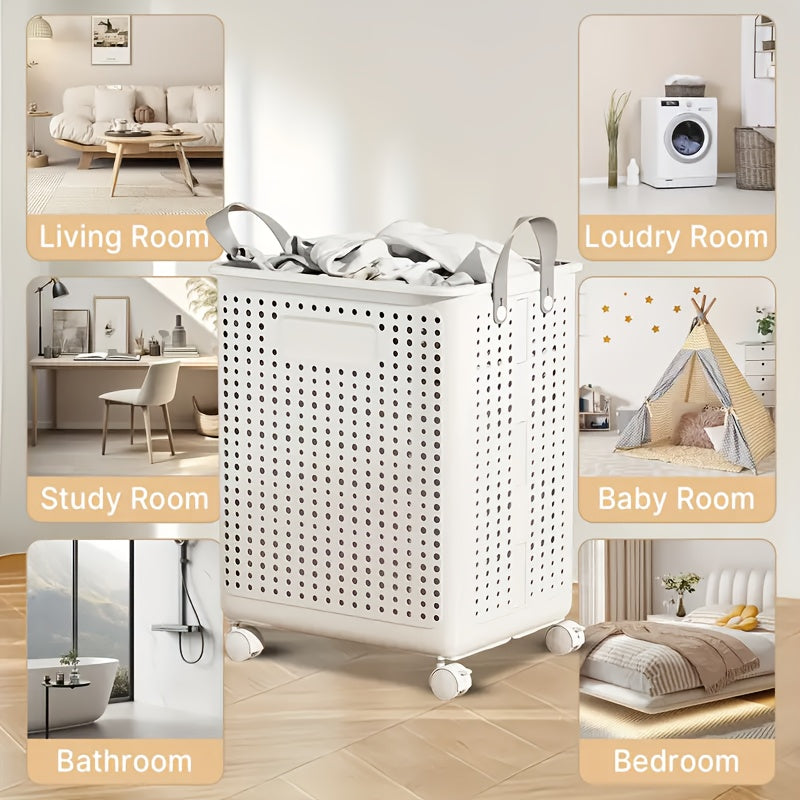 Rolling Foldable Laundry Basket, Plastic Wheeled Hamper in Large or Extra Large with Cream and White Options for Small Apartments and Bathroom Storage