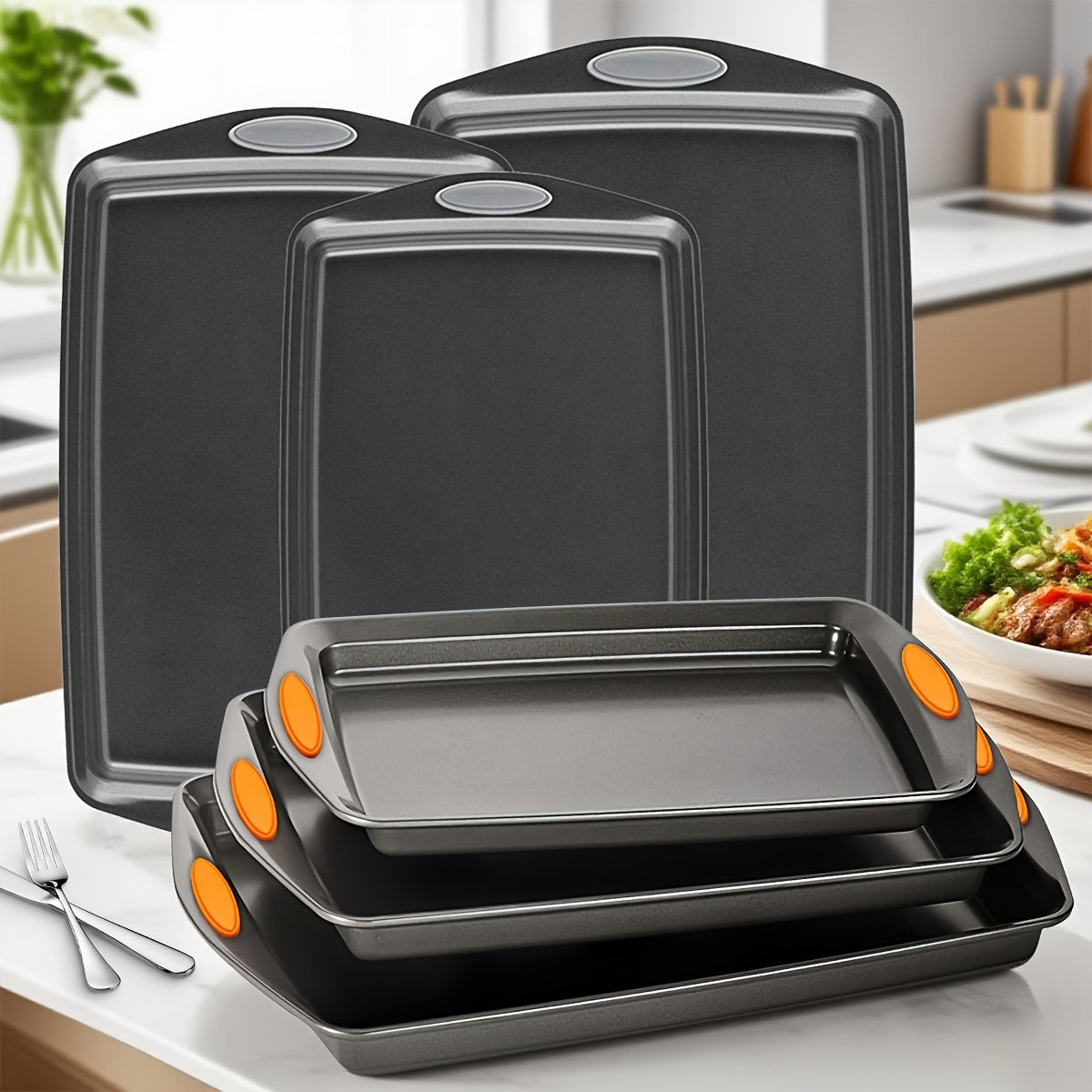 2/3/6/12/23pcs Non-Stick Baking Sheet Set, Assorted Size Cookie Trays with Orange & Blue Silicone Handles, in Gray, Black & Golden, Stackable Bakeware for Baking & Roasting