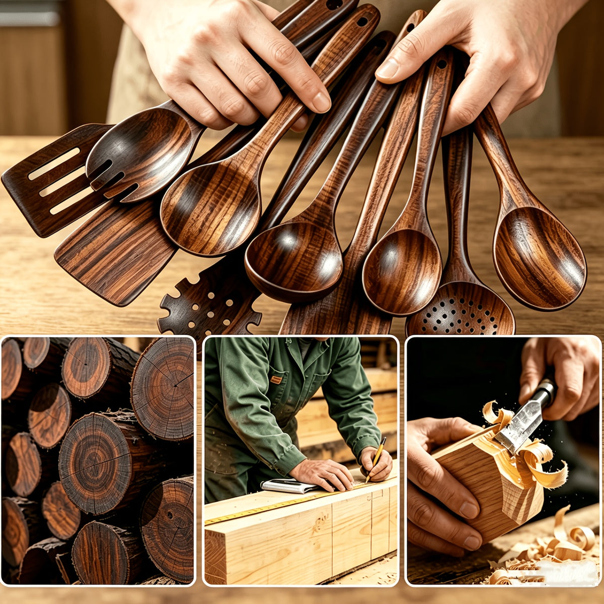 10pcs Non Stick Cookware Set, Wooden Kitchen Utensils, Heat-resistant, Including Shovel And Perforated Wooden Spoon. It Is A Stylish And Durable Wooden Multifunctional Set Suitable For Kitchen, Cooking, Baking, As Well As Casual And Formal.900g