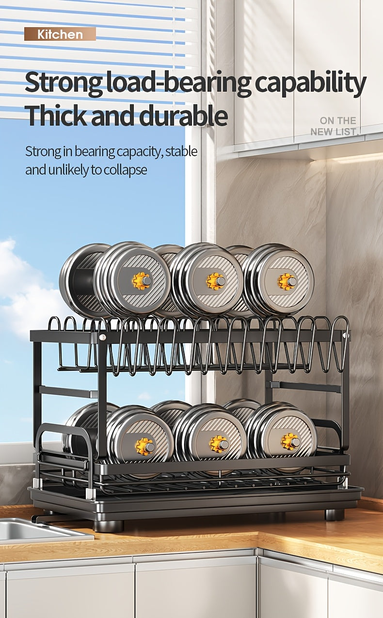 Two-tier Metal Kitchen Countertop Dish Rack Is Space-saving And Durable. It Comes with A Knife And Fork Holder, A Cup Rack, A Cutting Board Holder, And A Rust-proof Draining Tray. It Organizes Your Tableware And Helps Keep Your Kitchen Neat And Tidy.