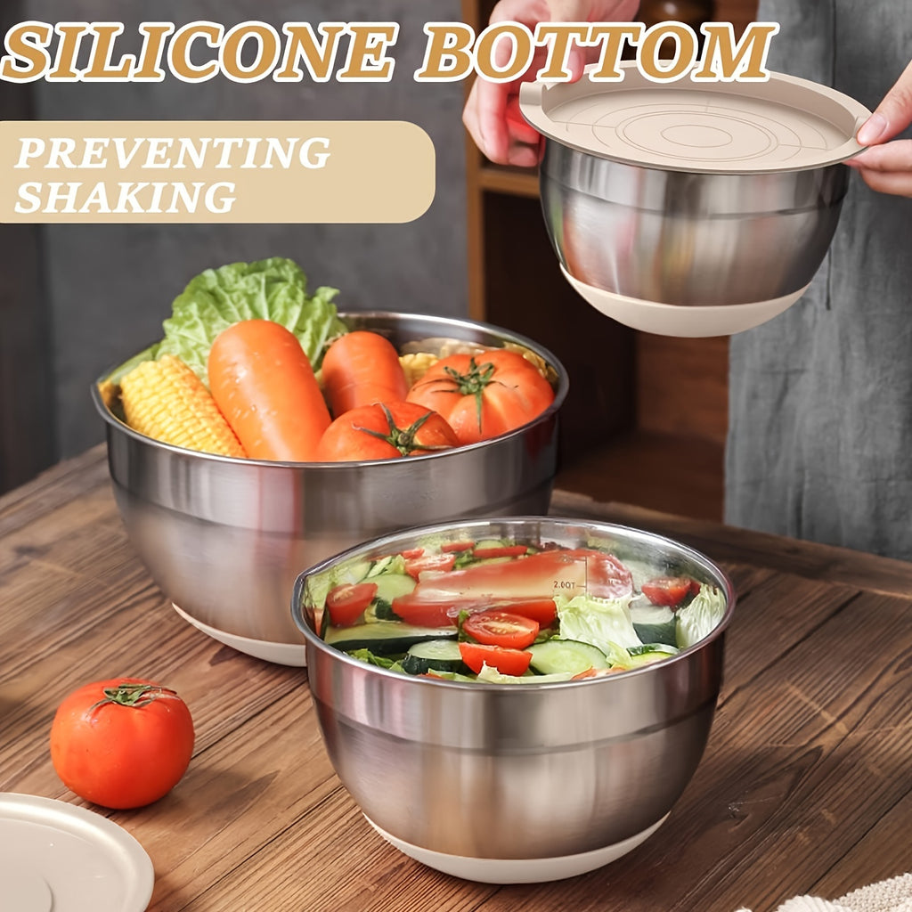 26pcs Stainless Steel Mixing Bowl Set With Sealed Lid And Anti Slip Silicone Bottom, 6 Bowls 4.5, 3.6, 2.7, 2.1, 1.7, 1.1QT Sizes+kitchen Tools, Suitable For Baking, Salad Making, Mixing, Kitchen Tidying, Christmas, Father'S Gifts, Gifts For Men