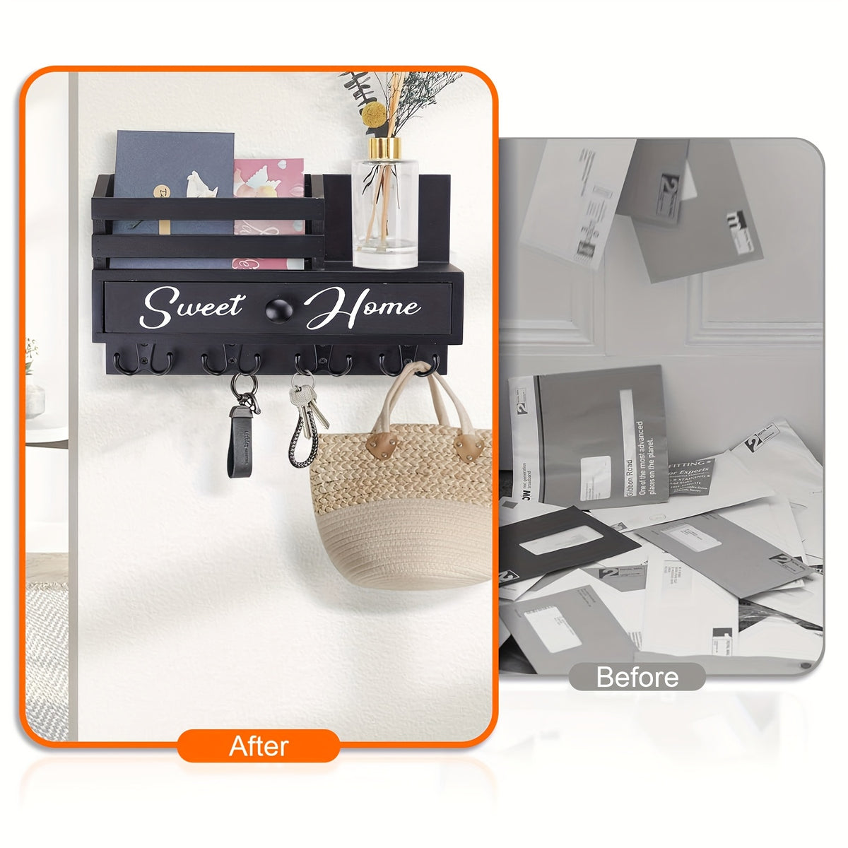 Wall Mounted Key and Mail Holder with Drawer, Rustic Wood Entryway Organizer with 8 Hooks and Shelf for Hallway, Mudroom, Kitchen and Office Storage