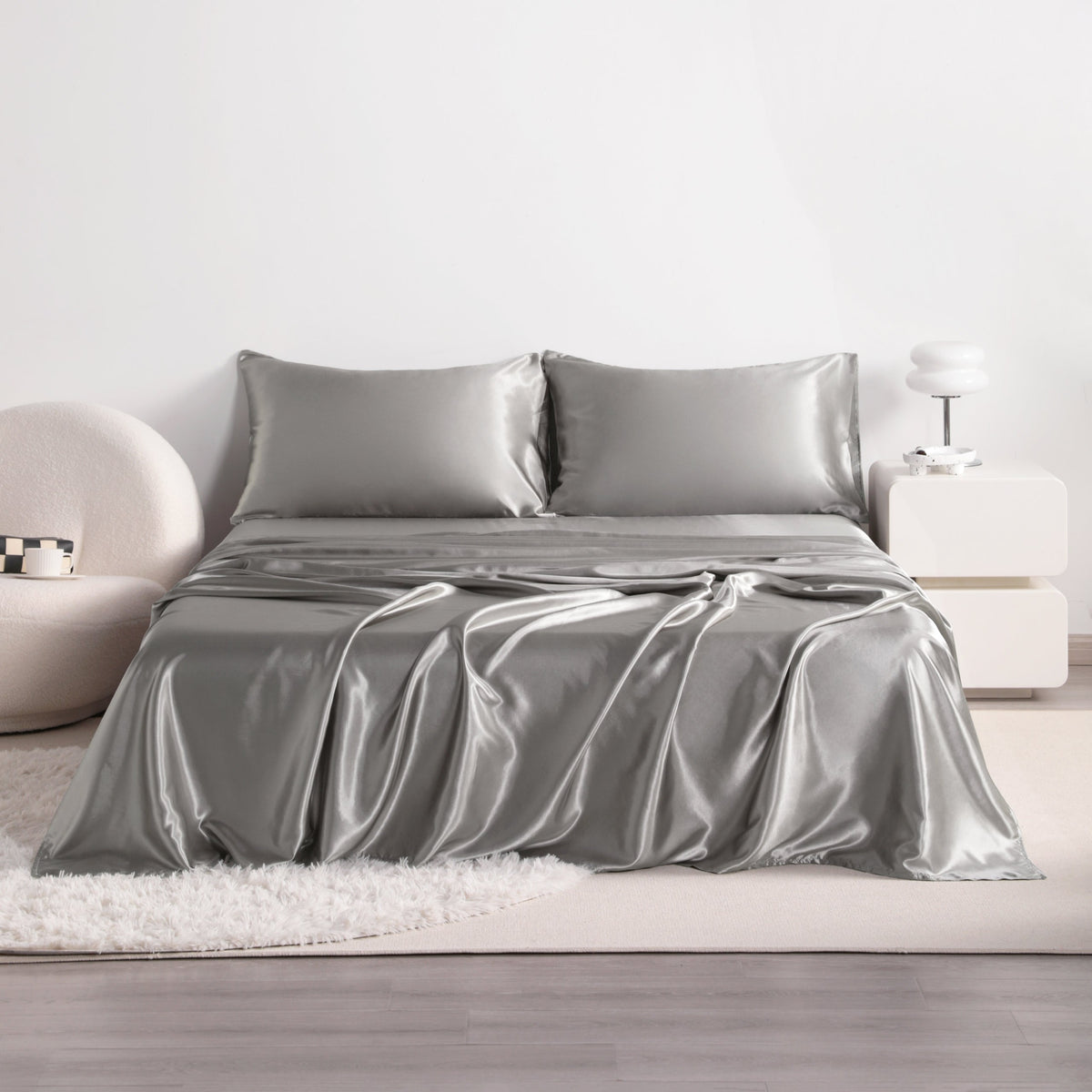 4pcs Cooling Satin Bed Sheet Set, Shrink-Resistant, Fade-Resistant, Hypoallergenic, Breathable,Flat Sheet & Fitted Sheet & Pillowcase Set with Deep Pocket, 300 Gsm