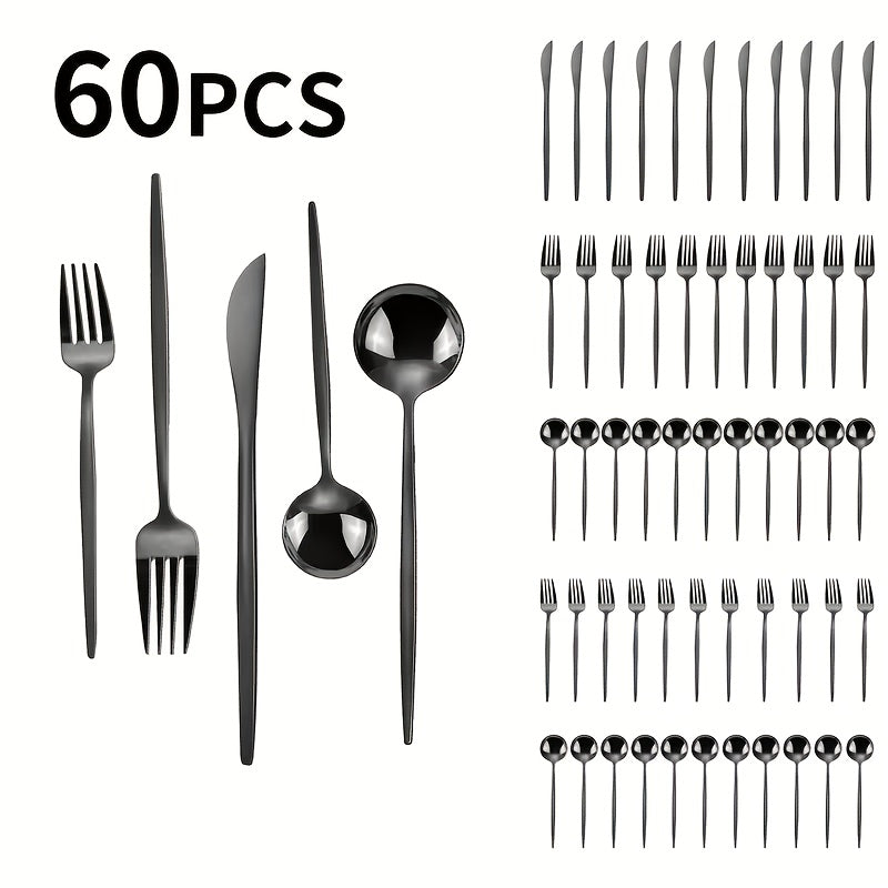 30/60pcs Stainless Steel Cutlery Set, Including Steak Knife, Fork, Spoon And Teaspoon, Dinner Fork, Dinner Spoon, Fruit Fork, Dessert Spoon, Coffee Spoon, Mirror Polished, Suitable for Family Restaurants, Hotels, Parties, Weddings, Copper Cutlery Se
