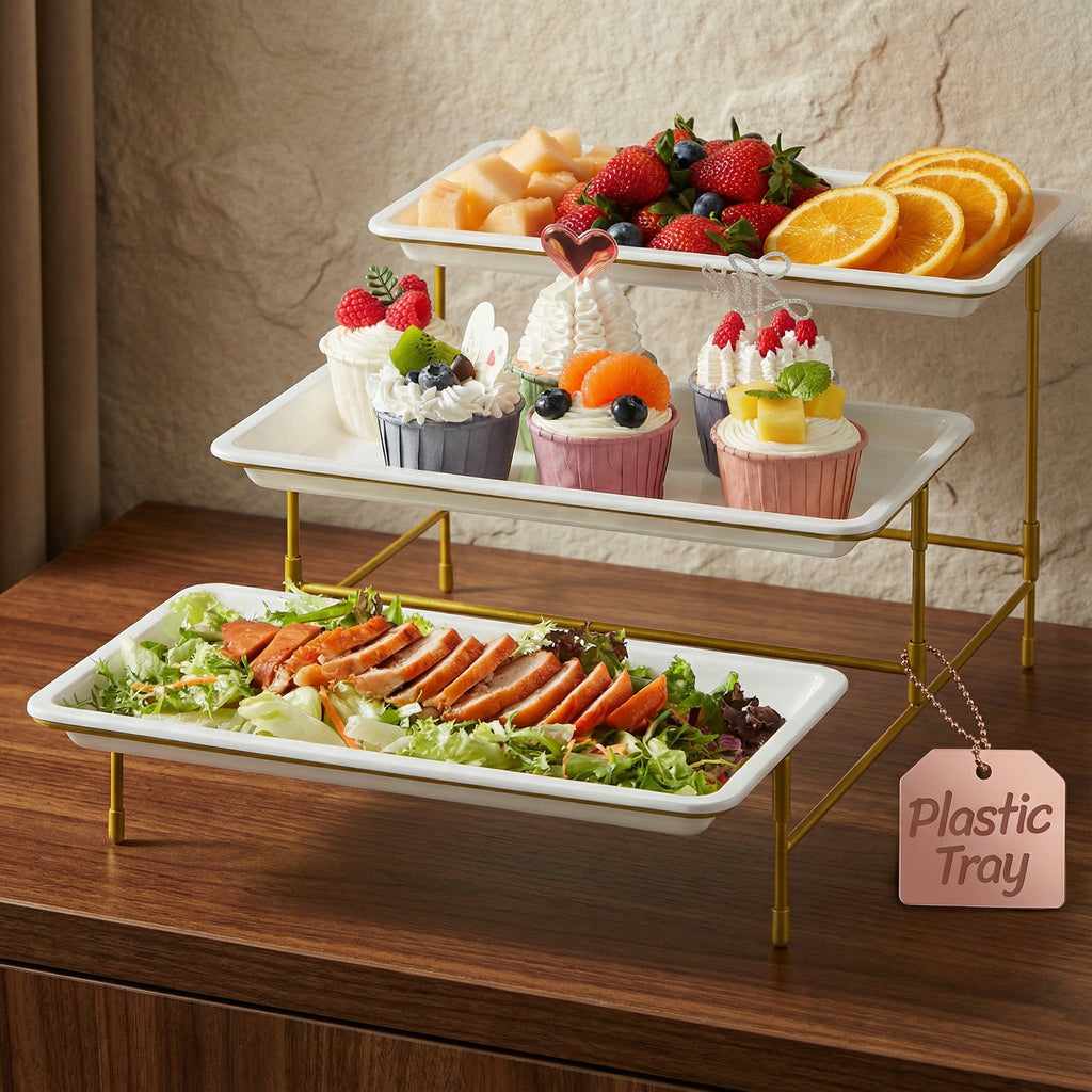12" x 6.5" Platters for Serving Food, 3 Tier Plastic Serving Tray for Party Supplies, White Reusable Trays with Metal Display Stand for Veggie, Fruit, Dessert