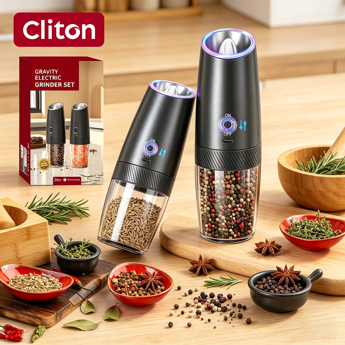 1pc/2pcs Electric Salt and Pepper Mill with Tilt Grinding, Pepper Grinder Suitable, Large Capacity ABS Mills, Adjustable Coarseness, One-Hand Operation & LED Light, Holiday Gifts for, Christmas