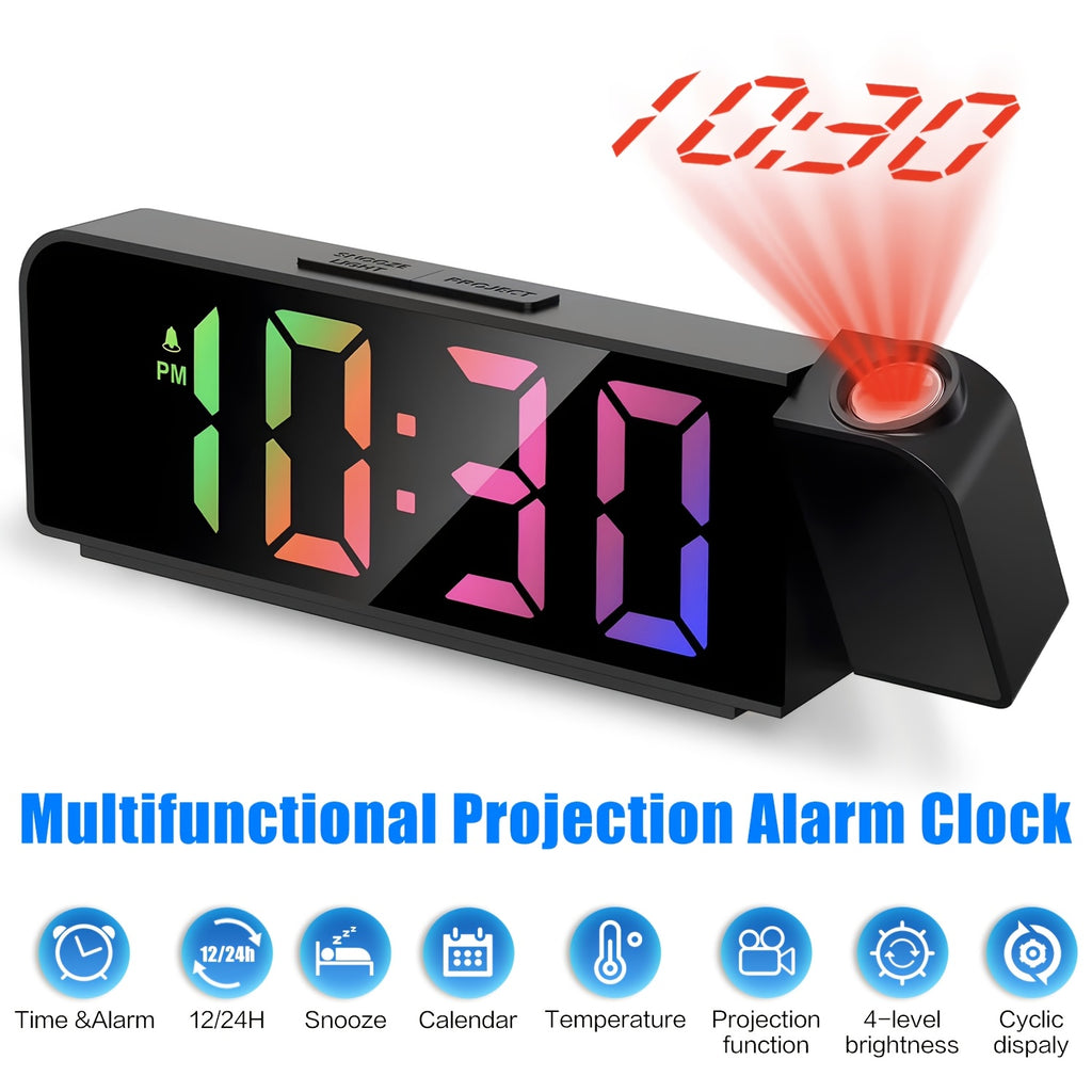 Black Projection Alarm Clock, Multifunctional LED Digital Clock with Colorful Light, USB, Displays Year, Date, Temperature, Adjustable Brightness, Bedroom Clock, 1 Pack,
