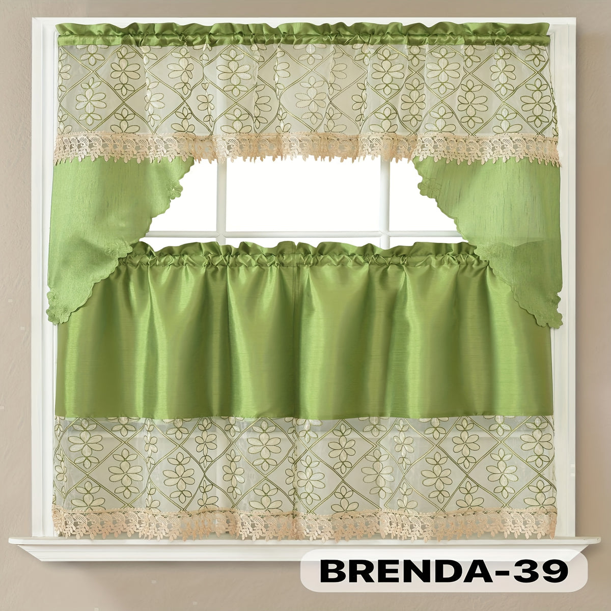 3pcs Bamboo Embroidered Kitchen Curtain Set, Floral Embroidery, Lightweight and Soft, Easy Care, Machine Washable, Satin Fabric, Embroidered