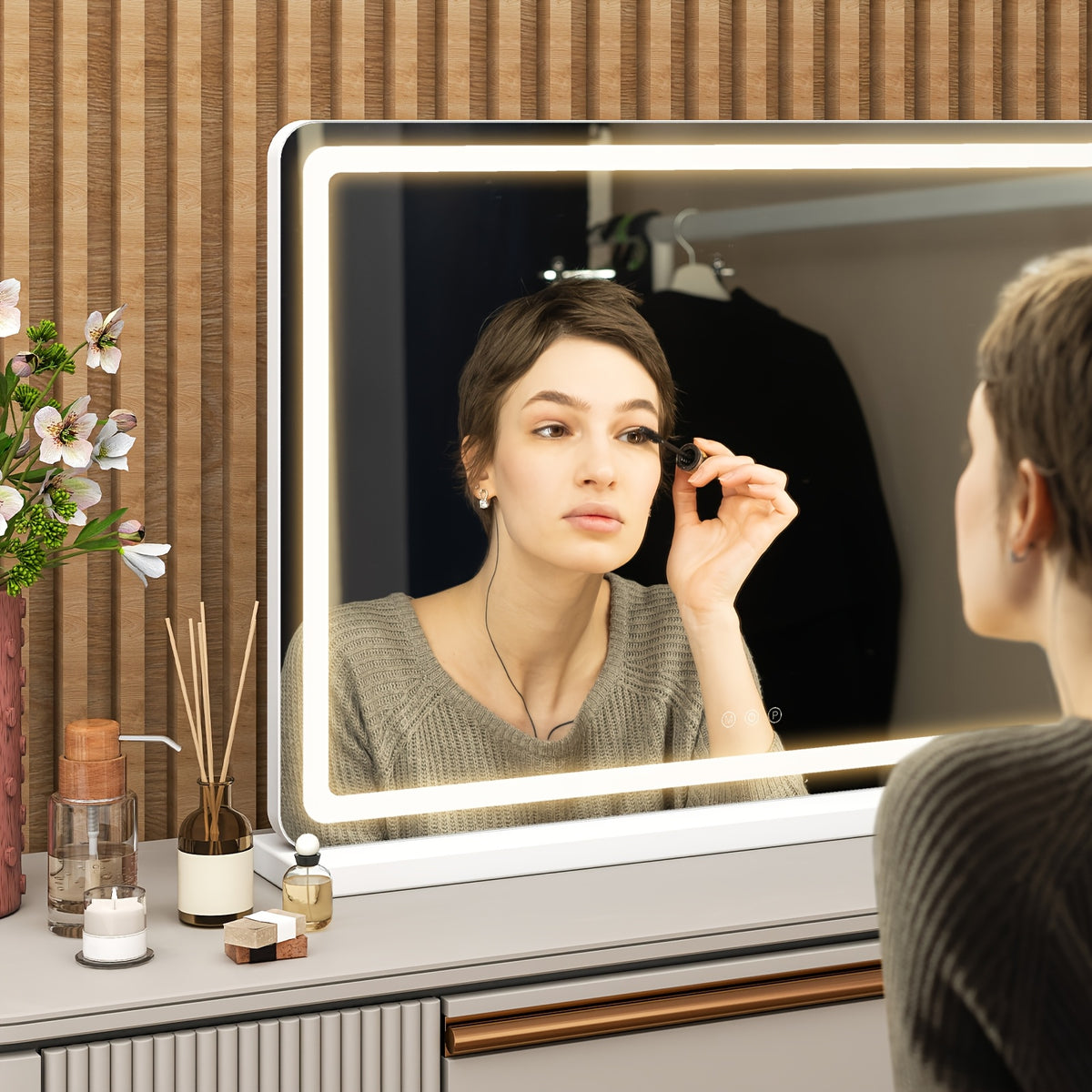 Smart LED Vanity Mirror with Dimmable Lights & Memory - 3 Color Modes, USB Port In Sleek Aluminum Frame for Bathroom, Bedroom, Desk, 13"x17"/22"x19"/32"x22"