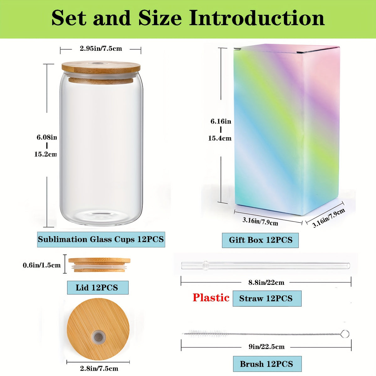 12Pack Sublimation Frosted/ Clear Glass Cups with Bamboo Lid 16oz Glasses Tumbler with Straw and Brush
