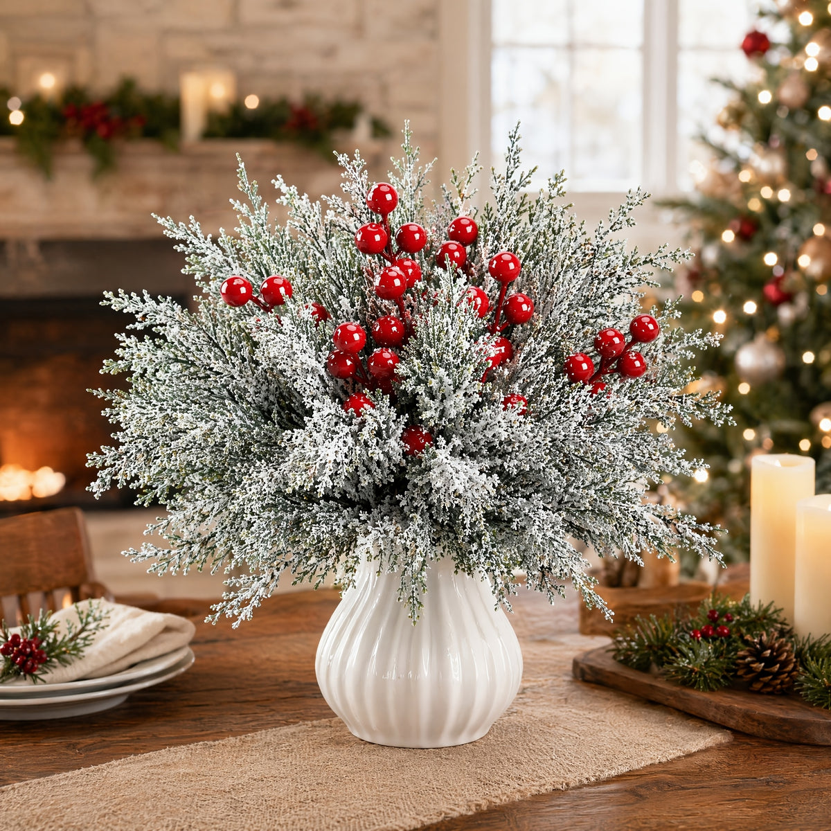 20pcs 14in Artificial Christmas Greenery Stems with Red Berries for DIY Wreaths, Xmas Tree Decor, Holiday Centerpieces, Indoor Home Decor, Christmas Vase Fillers