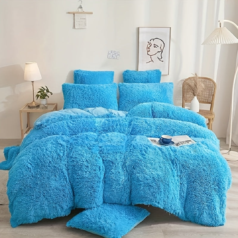 4pcs Fluffy Comforter Cover Set Queen King, Soft Plush Duvet Cover Set with Pillow Shams, All Season Cozy Bedding, No Insert