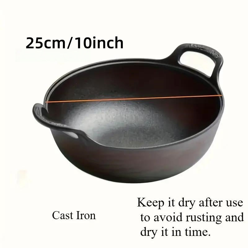 2-Piece/1-Piece Pre-Seasoned Cast Iron Wok Set - Grill & Stove Pan with Handles, Oven Safe Nonstick Skillet for Stir Fry, BBQ, Camping (No Lid)