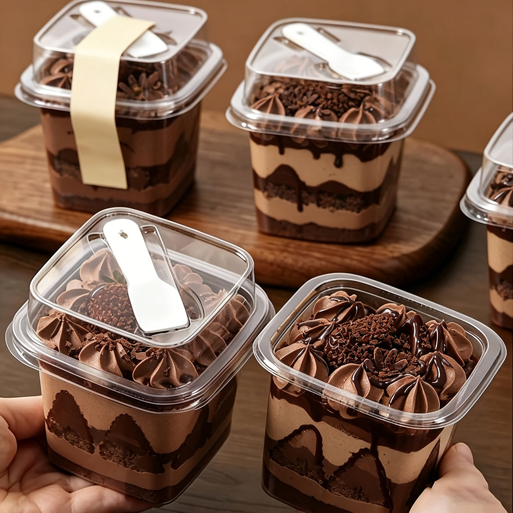 [30pcs Dessert Boxes] 30pcs PET Transparent Square Dessert Boxes, Including (Cake Cup And Lid And Spoon) Dessert Packaging Box With Spoon, Sealed And Leak-Proof, Baking Mille-Feuille Mousse Cake Packaging Container, Suitable For Cakes, Mousses, Fruits, Ic