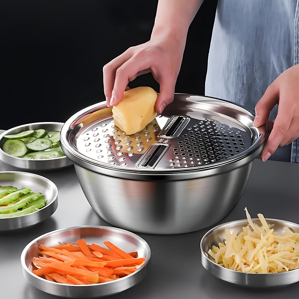Set of 3 Stainless Steel Kitchen Tools Featuring a Built-In Grinder, Versatile Filter, And Mixing Bowl - Perfect for Washing And Slicing Fruits, Vegetables, And Cheese. Ensures Food Safety with a Drainage System