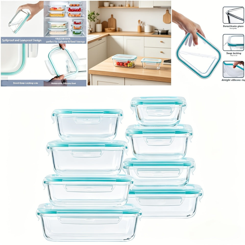 16pcs Glass Container Seal Food Storage Box, Refrigerator Receive A Case, Seal Leak Proof, Easy To Clean Design, Microwave/freezer, Lunch Boxes | Sealed Storage | Durable Glass Box Lid Food Storage Containers (8 Lids + 8 Containers) Lunch Box