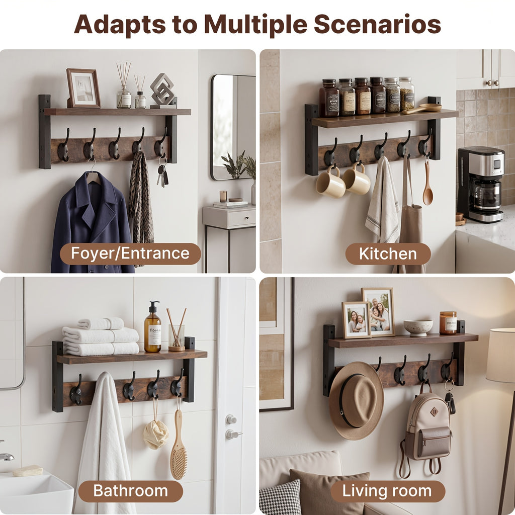 Wooden Wall-Mounted Shelf - Coat And Key Organizer with Floating Shelf And 5 Hooks, Key Rack for Bedroom And Entryway Storage, Towel Organizer for Bathroom, Suitable for Kitchen, Living Room, Bedroom, Bathroom
