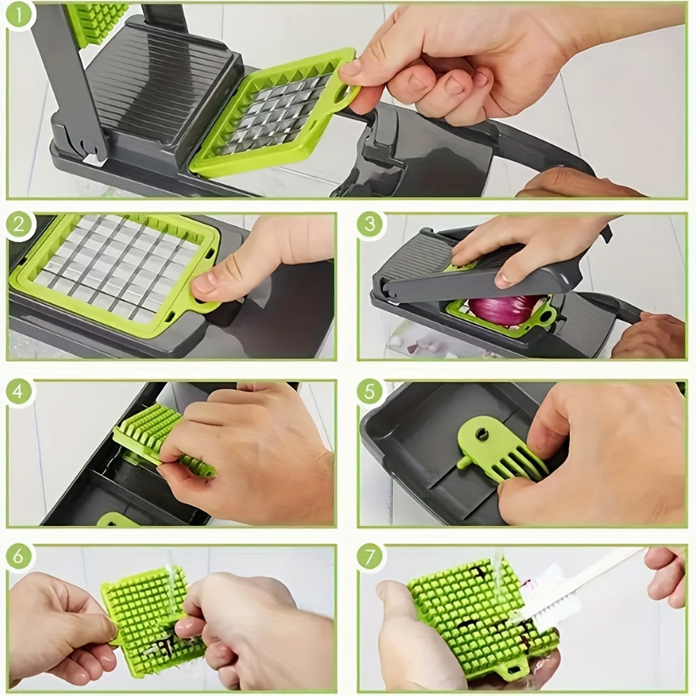 16-in-1 Manual Vegetable Chopper Set | With 8 Stainless Steel Blades, 304 Container, Peeler, and Filter | Easy Meal Preparation, Professional Onion, Carrot, and Garlic Slicer | Kitchen Supplies