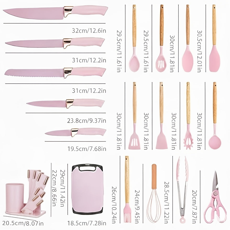 19pcs Kitchen Knife And Utensil Set, Non-Stick Black Knife Set with Wooden Handles, Silicone Cooking Tools, Cutting Board, Scissors And Holder, Best Gift for Parents