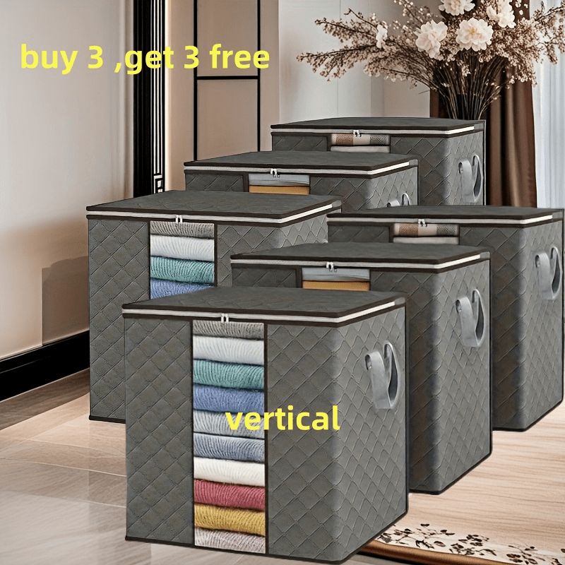 6pcs (Buy 3 Get 3) Extra Large Thick Nylon Gallon Storage Bags with Reinforced Vertical Ribs and Top Handles - Foldable Space-Saving Organizer Bags for Clothes, Bedding,, and Blankets - Durable Gray File Bags (Target Model), Under-Bed Storage