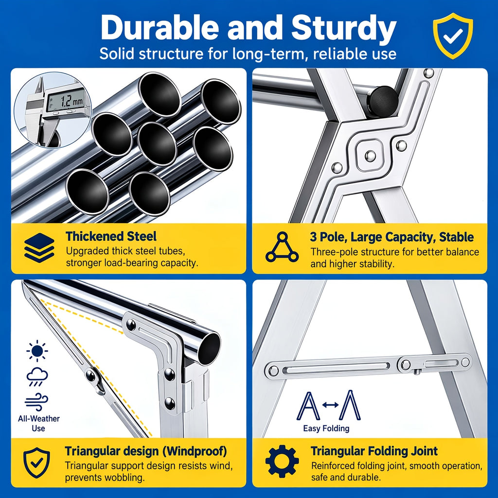A Versatile Clothes Drying Rack Available in Three Sizes, 63", 78.7" And 95", Designed for Both Indoor And Outdoor Use. This Durable Metal Rack Is Collapsible And Features a Heavy-Duty Stainless Steel Clothesline, Drying Racks