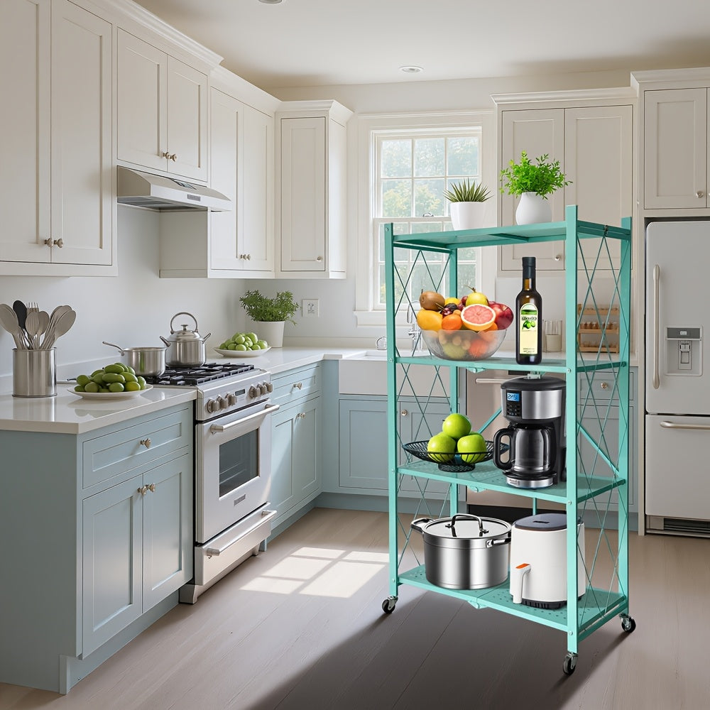 No-Assembly Rolling Storage Rack, 3 4 or 5 Tier Folding Metal Shelves with Locking Wheels in Pink, Green, Black or White for Kitchen and Dorm Organization