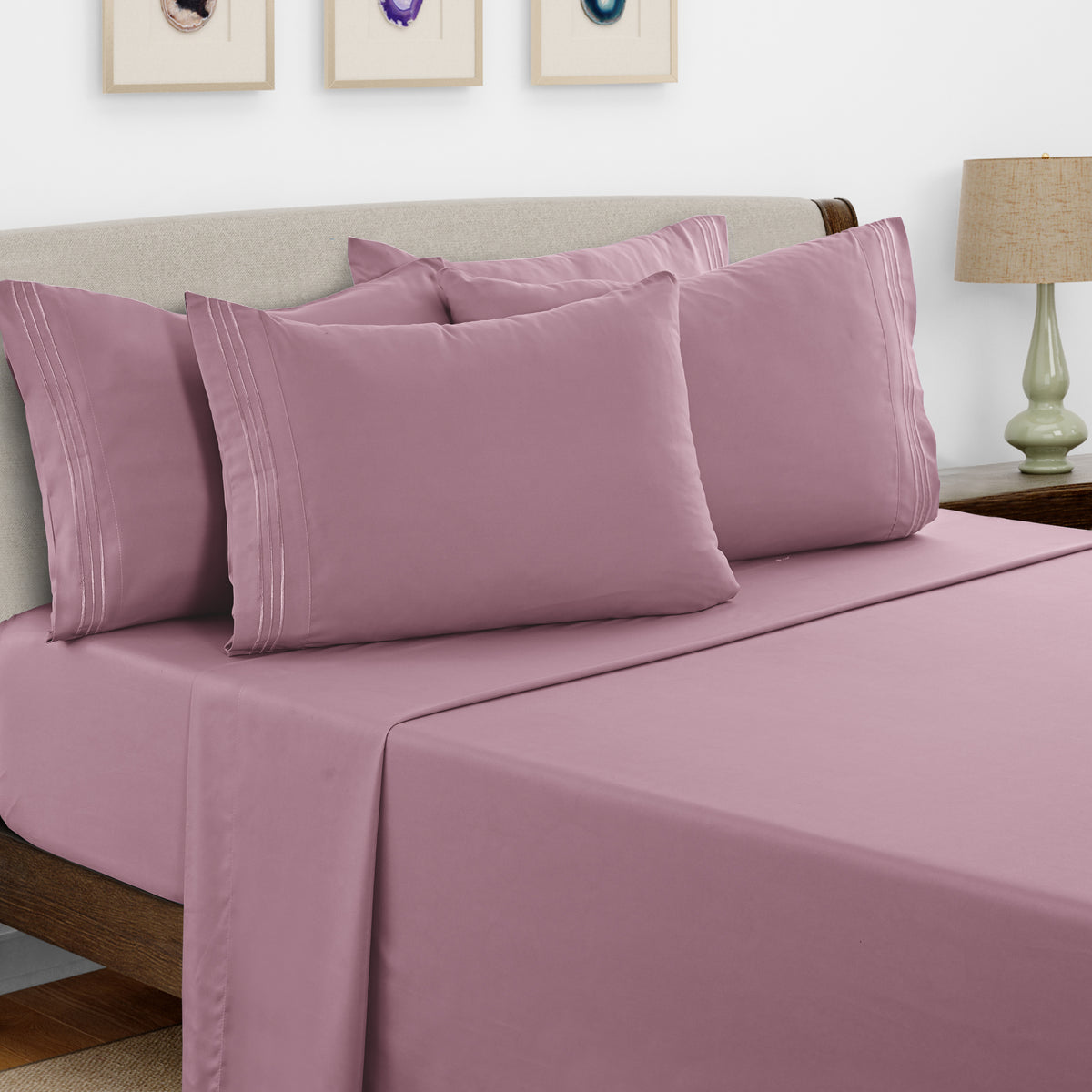 Lux Decor 6 Pieces Solid Bed Sheets Set - Modern Soft Comfortable Bedding Set, Hotel Luxury Skin Friendly Cooling Sheets & Embroidered Pillowcases Without Filler - All Seasons Bed Sheet with 16 Inches deep Pocket, Breathable Skin Friendly & Cooling Sheets