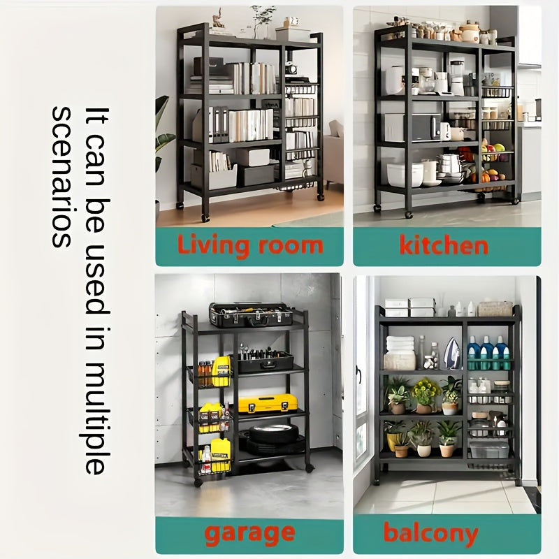 1pc Movable Storage Rack, Adjustable 4-storey Kitchen Shelf With 3 Wire Baskets, Kitchen Organizer And Storage, Metal Shelf Rack With Wheels, Suitable For Garage, Pantry, Bathroom, Closet, Warm House Gift, New Home, Standing Shelf