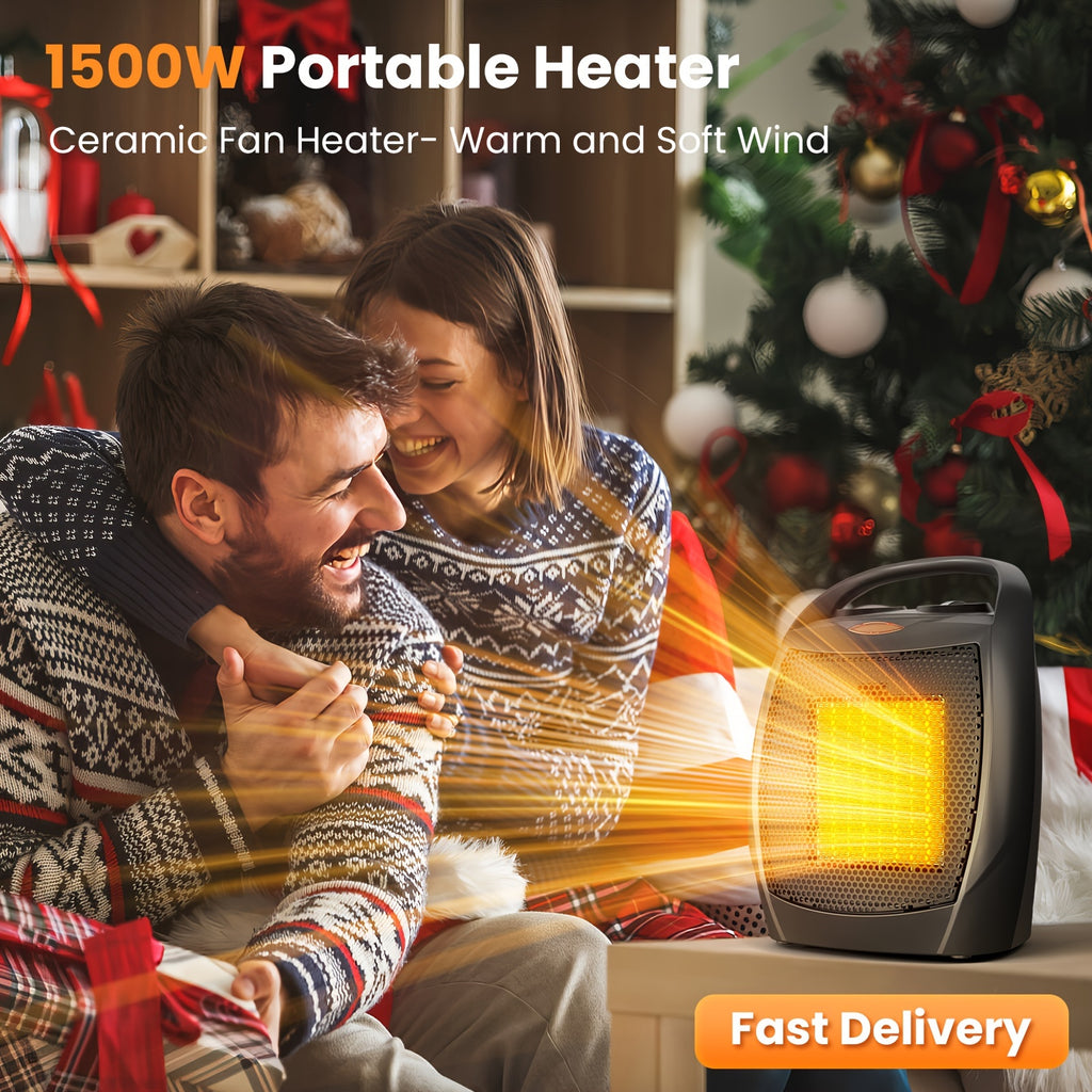 1500W/950W Ceramic Space Heater, Portable Electric Heater with Adjustable Thermostat, Heating Up to 200 Sq. Ft, 2S Rapid Heating, Compact Design, Overheat And Tip-Over Protection, for Indoor Use