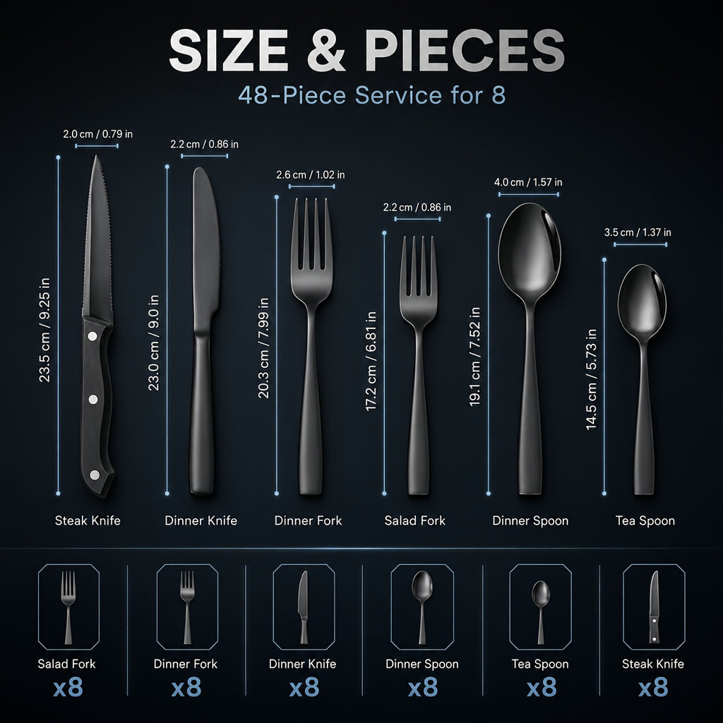 48pcs Black Silverware Set with Steak Knives Service for 8, Stainless Steel Flatware Set, Mirror Polished Kitchen Additions, Home Kitchen Party Eating Tableware Set, Includes Fork Knife Spoon Set, Dishwasher Safe