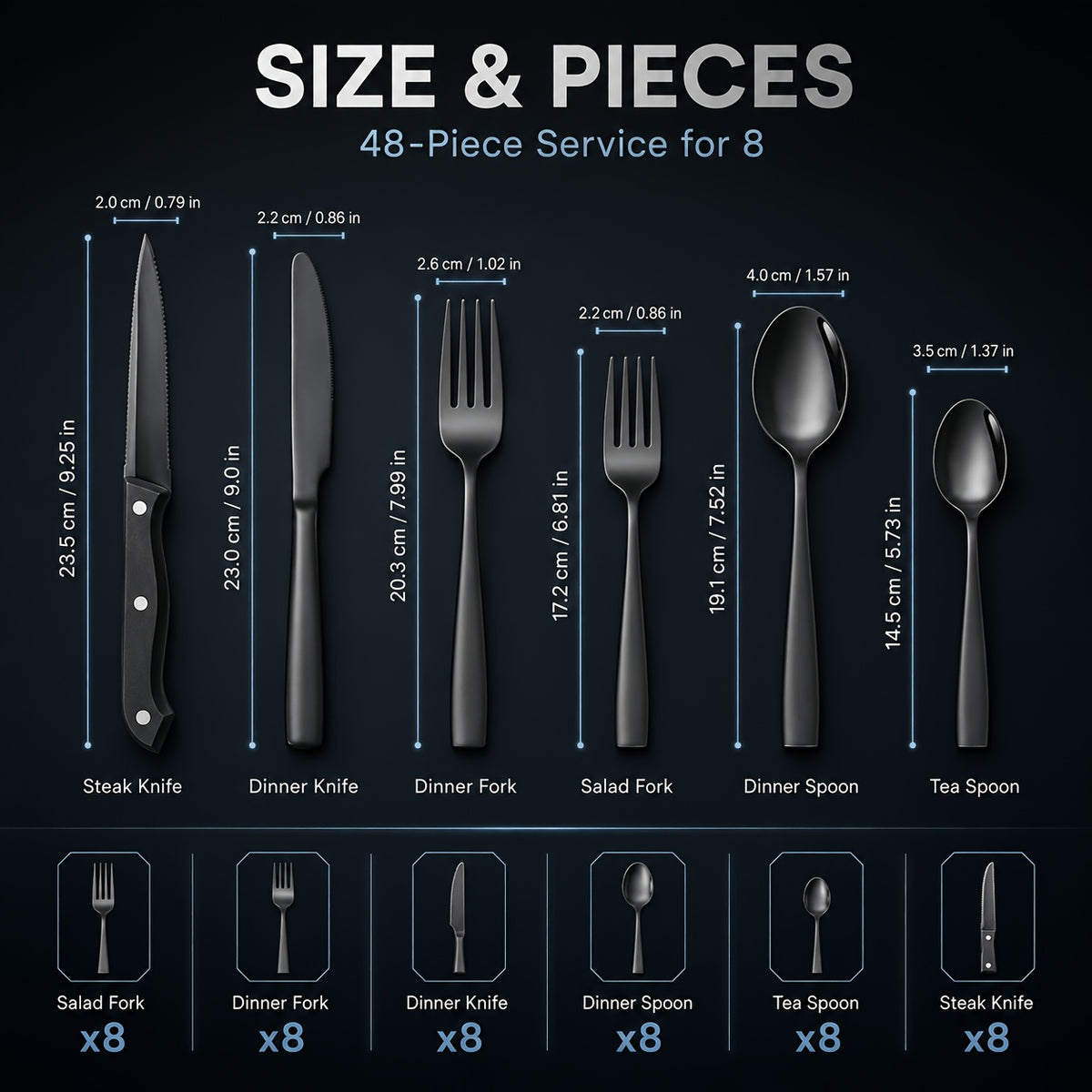 48pcs Black Silverware Set with Steak Knives Service for 8, Stainless Steel Flatware Set, Mirror Polished Kitchen Additions, Home Kitchen Party Eating Tableware Set, Includes Fork Knife Spoon Set, Dishwasher Safe